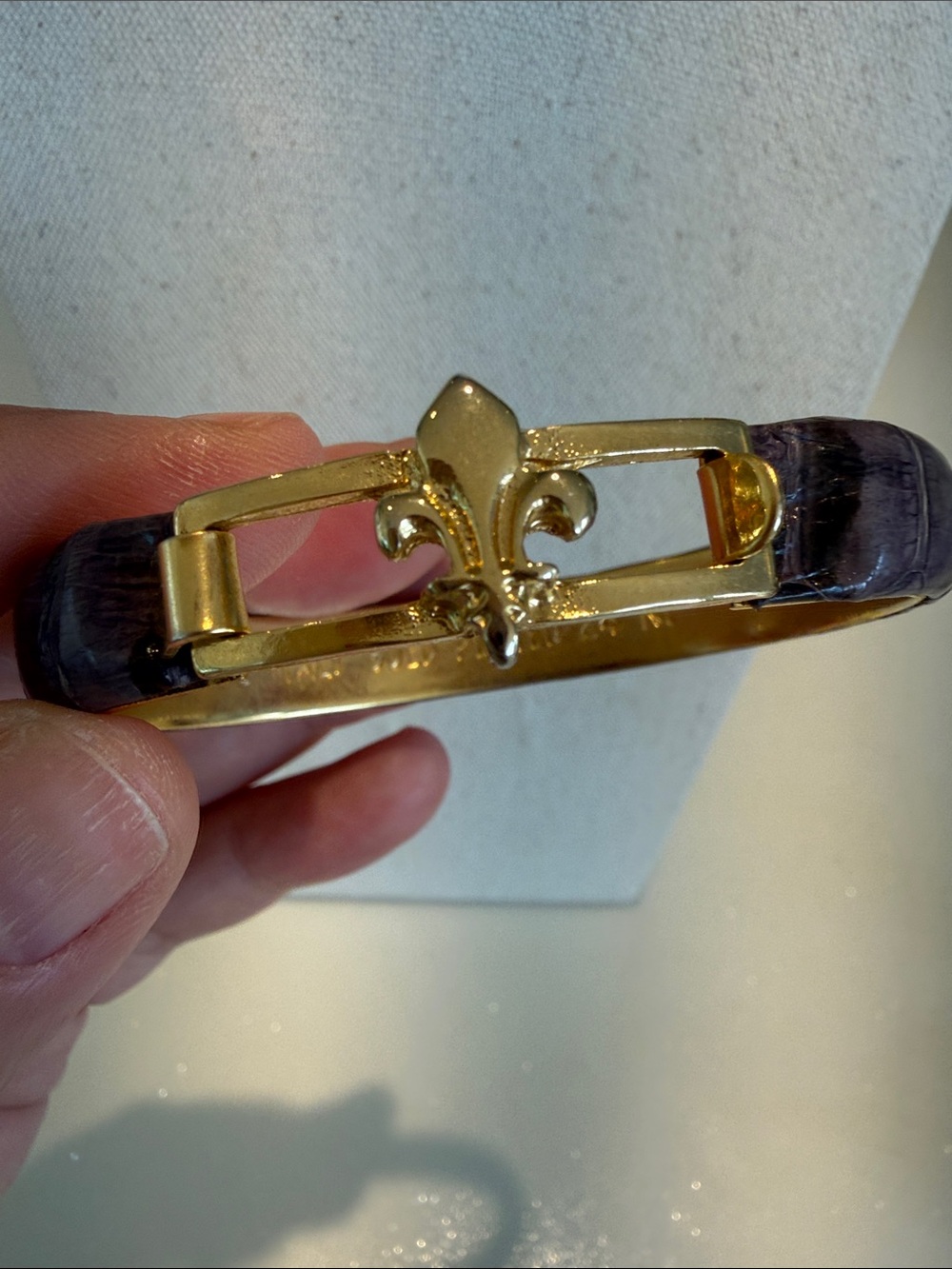 24k Gold Plated Fleur-de-Lis Accent Bangle Bracelet - Italy snakeskin purple